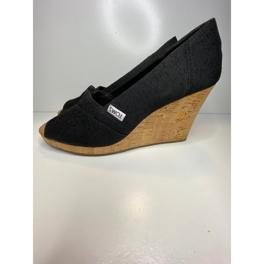 TOMS Black Lace Peep Toe Cork Wedges